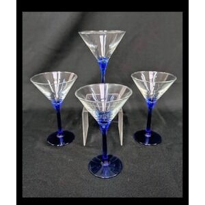 Crown Corning Cobalt Blue Stem Martini Glasses, Paneled Stem, Vintage Lot Of 4